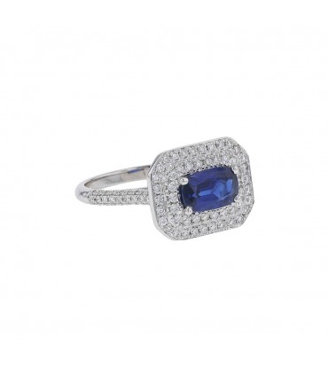 Diamonds, sapphire and gold ring - Gem Paris Certificate Ceylan No Heat