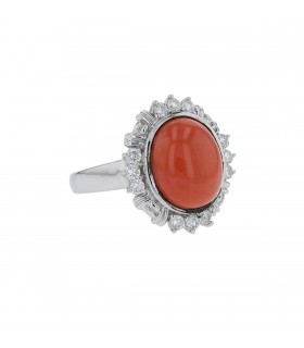 Diamonds, coral and platinum ring