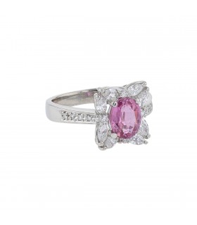 Diamonds, pink sapphire and platinum ring