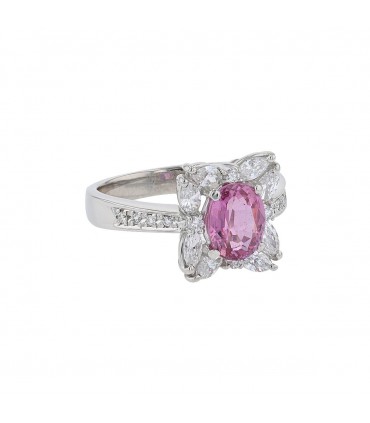 Diamonds, pink sapphire and platinum ring