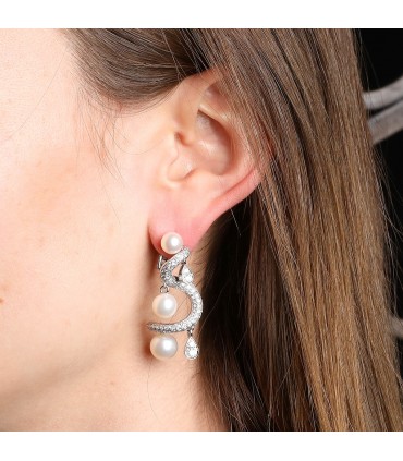 Diamonds, cultured pearl and gold earrings