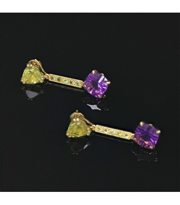 Boucles d’oreilles or, améthystes et quartz jaunes