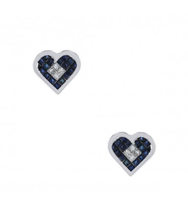 Boucles d’oreilles coeur, or, diamants et saphirs