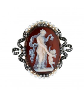 Diamonds, pearls, cameo, gold and silver brooch