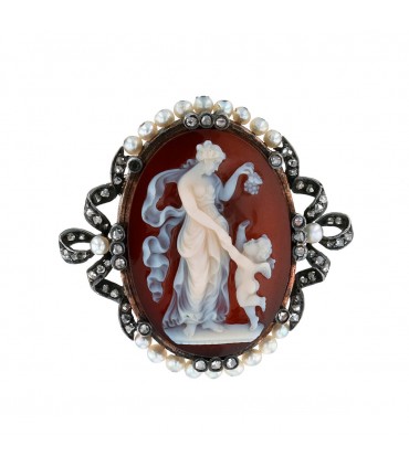 Diamonds, pearls, cameo, gold and silver brooch