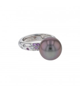 Cartier cultured pearl, pink sapphires, diamonds and gold ring