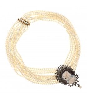 Diamonds, cultured pearl, caméo, gold and silver necklace
