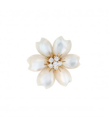 Van Cleef & Arpels Rose de Noël diamonds, mother of pearl and gold brooch pendant