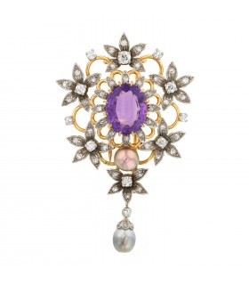 Diamonds, amethyst, cultured pearls and gold brooch pendant