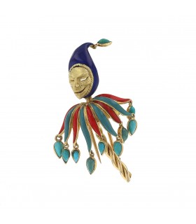 Cartier Fou du Roi enamel, turquoise and gold brooch