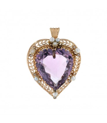 Pendentif coeur or, perles, améthyste et diamants