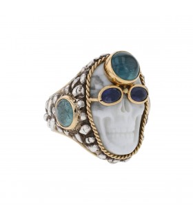 Carole Midy pour Pietra Dura Crazy Head silver and 18k gold ring