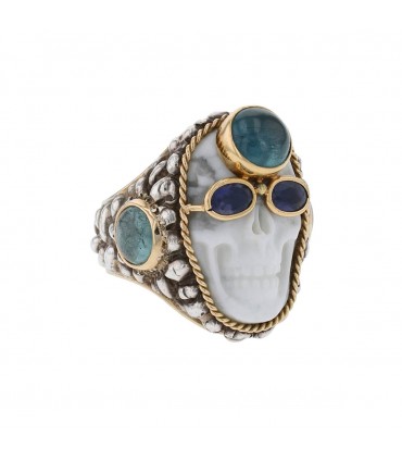 Carole Midy pour Pietra Dura Crazy Head silver and 18k gold ring