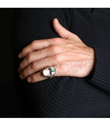 Carole Midy pour Pietra Dura Crazy Head silver and 18k gold ring