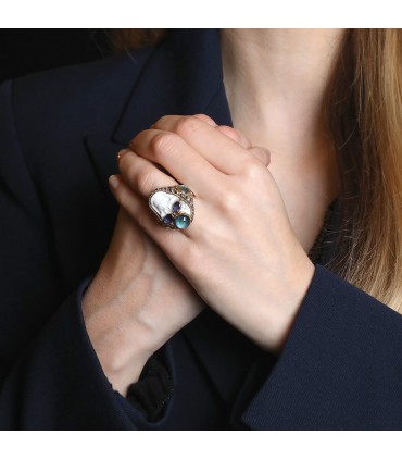 Carole Midy pour Pietra Dura Crazy Head silver and 18k gold ring