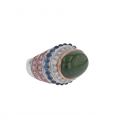 Bague or, diamants, saphir vert, bleus et rose