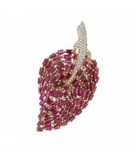 Broche feuille or, rubis et diamants