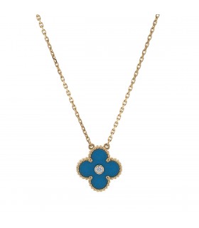Van Cleef & Arpels Vintage Alhambra blue porcelain, diamond and gold necklace