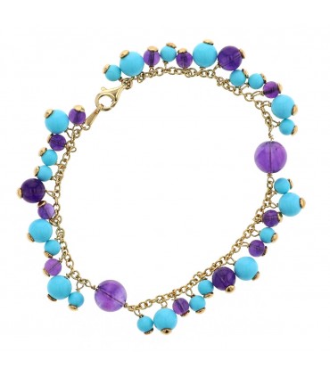 Bracelet or, turquoises et améthystes