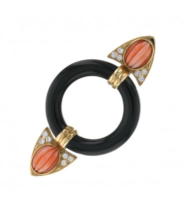 Diamond, coral, onyx and 18k gold brooch