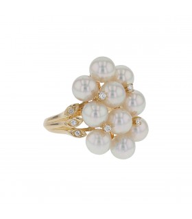 Mikimoto cultured pearls, diamonds and gold ring
