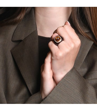 Benitah André brown resin, diamonds, citrine and gold ring