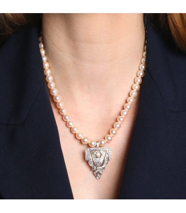 Diamonds, cultured pearls and gold necklace