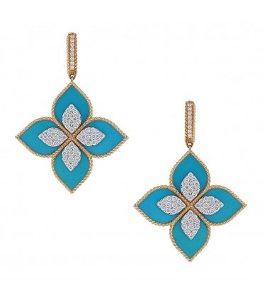 Roberto Coin Princess Flower turquoise, diamonds and gold earrings