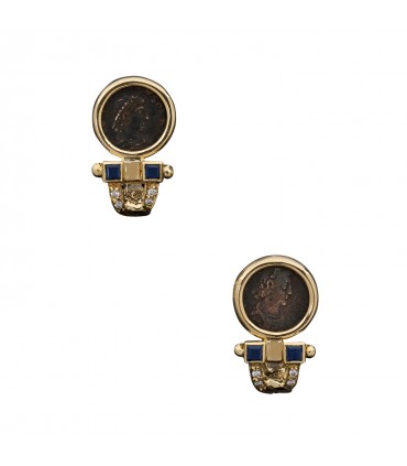 Antique coin, sapphires, diamonds and gold earrings