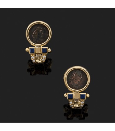 Antique coin, sapphires, diamonds and gold earrings