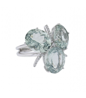 Diamonds, green natural stones and 18k gold ring