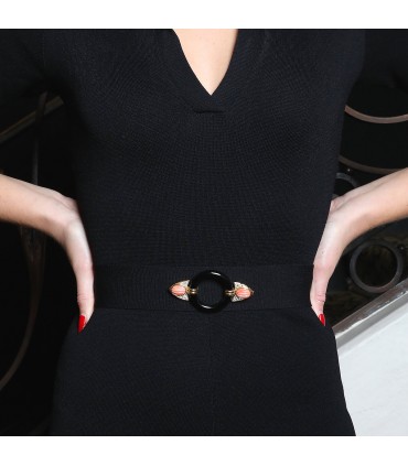 Diamond, coral, onyx and 18k gold brooch