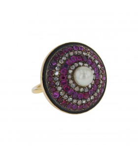 Diamonds, rubies, pearl, silver and gold ring