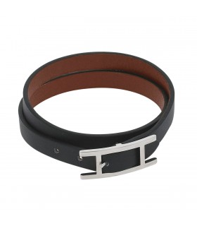 Hermès Behapi stainless steel and leather bracelet