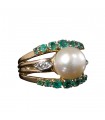 Cultured pearl, emeralds, diamonds and gold ring