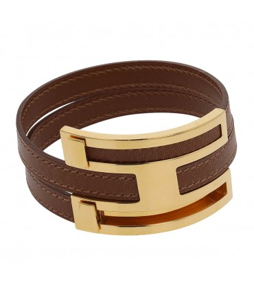 Hermès Pousse-Pousse gold plated metal and leather bracelet