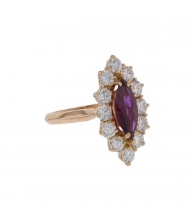 Bague marquise rubis, diamants