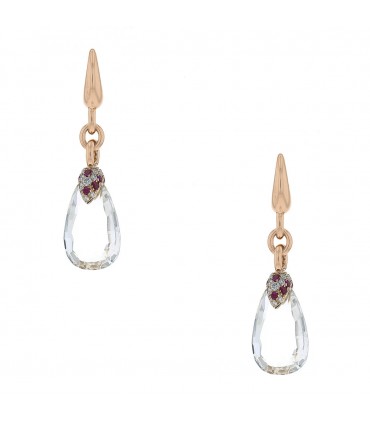 Pomellato Pin Up rock crystal, diamonds, rubies and 18k gold earrings