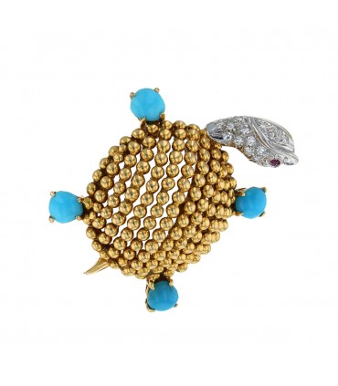 Two-tones gold, diamond, ruby and turquoise brooch