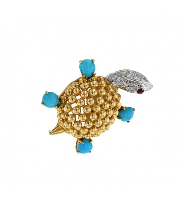 Two-tones gold, diamonds, ruby and turquoise brooch