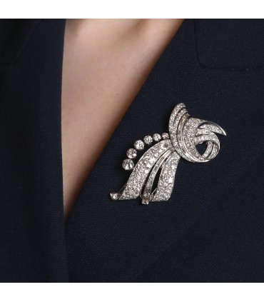 Broche double clip platine et diamants