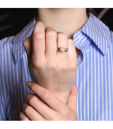 Bague platine, diamants et perle fine