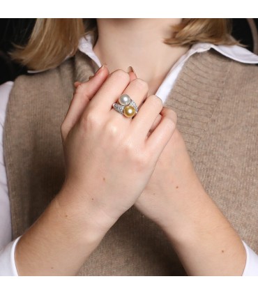 Cultured pearls, diamonds and gold ring