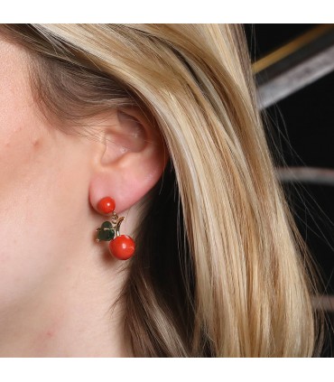 Coral, jade and gold earrings
