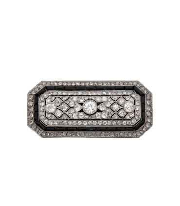 Onyx, diamonds and platinum brooch