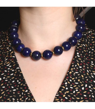 Collier or, perles de lapis lazuli