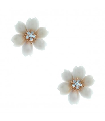 Van Cleef & Arpels Rose de Noël white coral, diamonds and gold earrings. Signed and numbered.