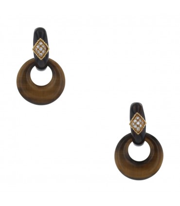Boucles d’oreilles or, oeil de tigre, diamants
