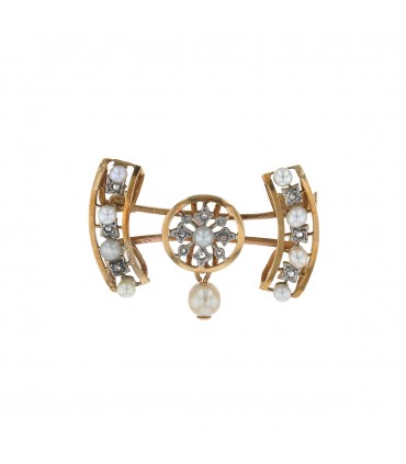 Broche or, diamants, perles de semence