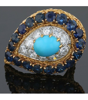 Bague or, diamants, saphirs, turquoises